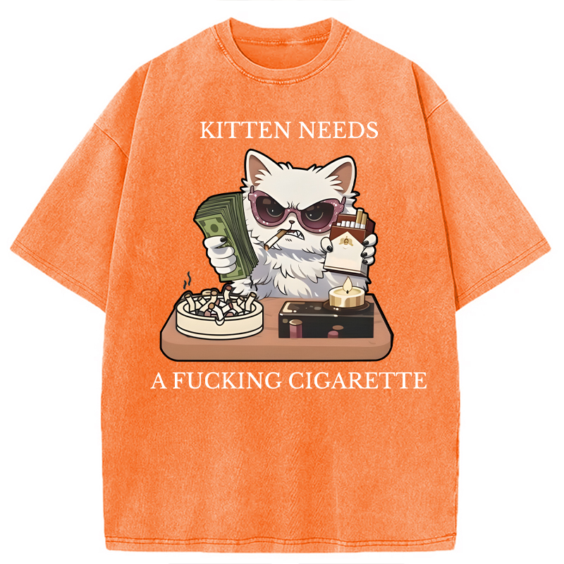 Modecanvas Kitten Needs A Fucking Cigarette DTG Printing Washed T-Shirt