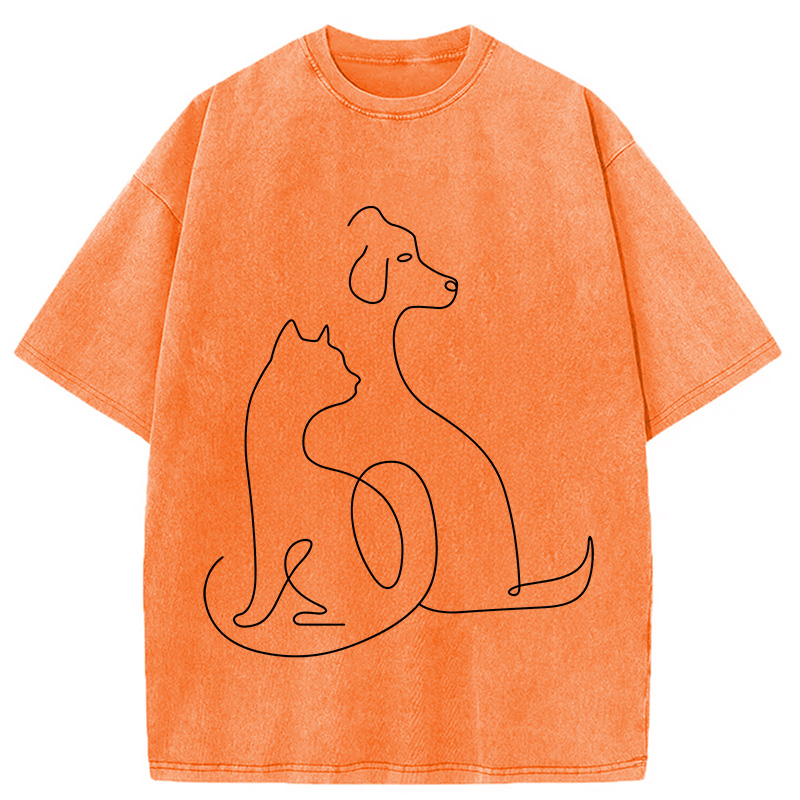 Modecanvas Minimalist Cat and Dog DTG Printing Washed T-Shirt