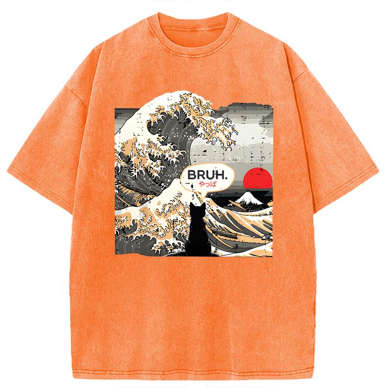 Modecanvas Bruh Cat Great Wave DTG Printing Washed T-Shirt