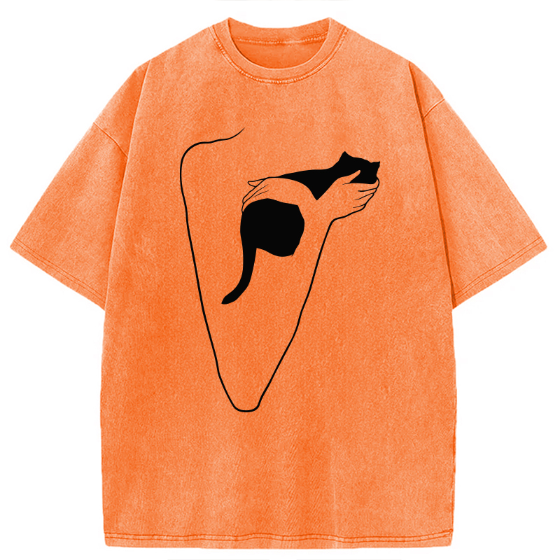 Modecanvas Minimalist Art Cat Hug DTG Printing Washed T-Shirt