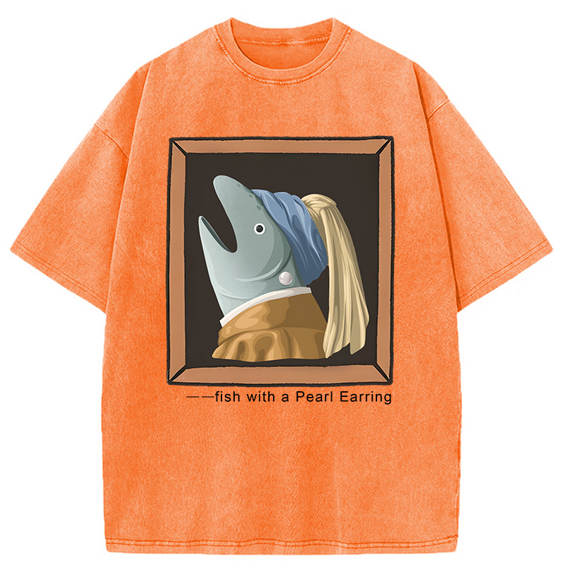 Modecanvas Fish with Pearl Earring DTG Printing Washed T-Shirt