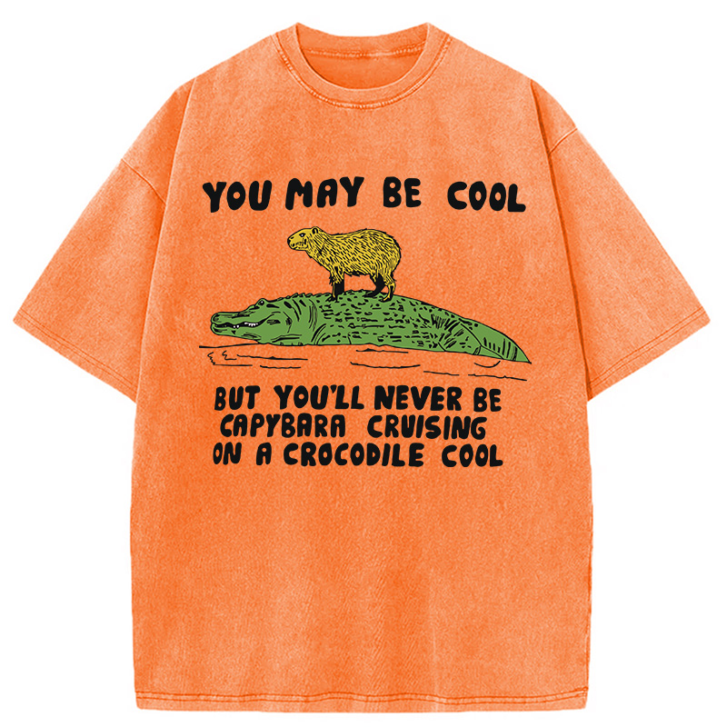 Modecanvas Funny Capybara Riding Crocodile DTG Printing Washed T-Shirt