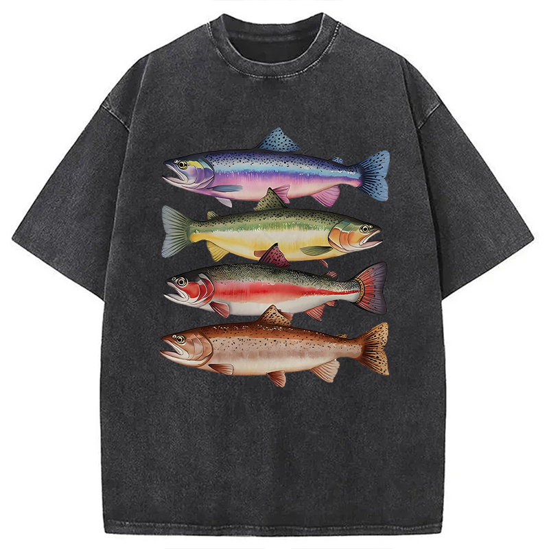 Modecanvas Colorful Rainbow Trout Fish DTG Printing Washed T-Shirt