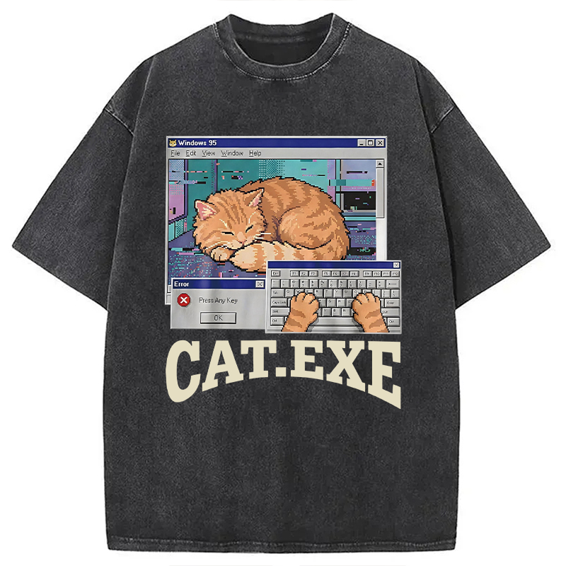 Modecanvas Cat Exe DTG Printing Washed T-Shirt-modecanvas