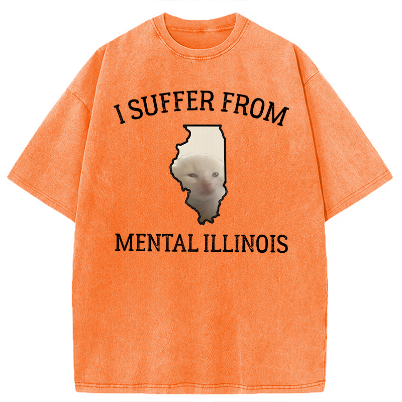 Modecanvas Mental Illinois Depressed Cat DTG Printing Washed T-Shirt-modecanvas
