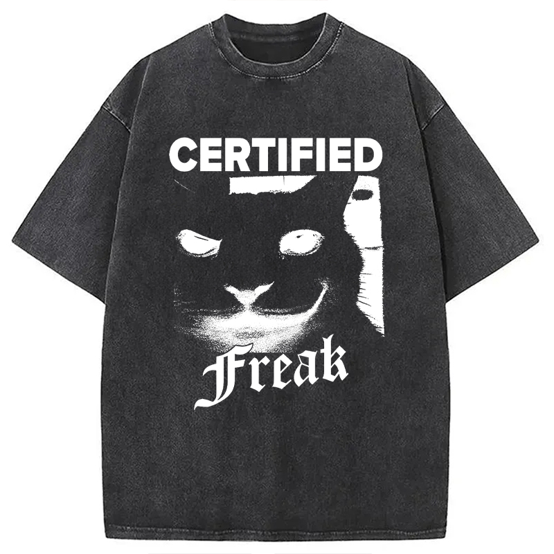 Modecanvas Certified Freak Cat Meme DTG Printing Washed T-Shirt-modecanvas