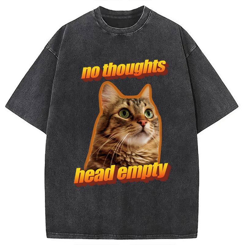 Modecanvas No Thoughts Head Empty Cat Meme DTG Printing Washed T-Shirt-modecanvas