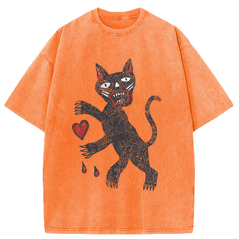 Modecanvas Black Cat Art DTG Printing Washed T-Shirt-modecanvas