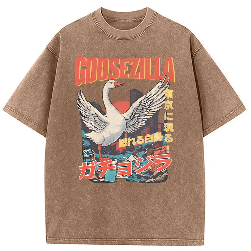 Modecanvas Goosezilla Funny Goose DTG Printing Washed T-Shirt-modecanvas
