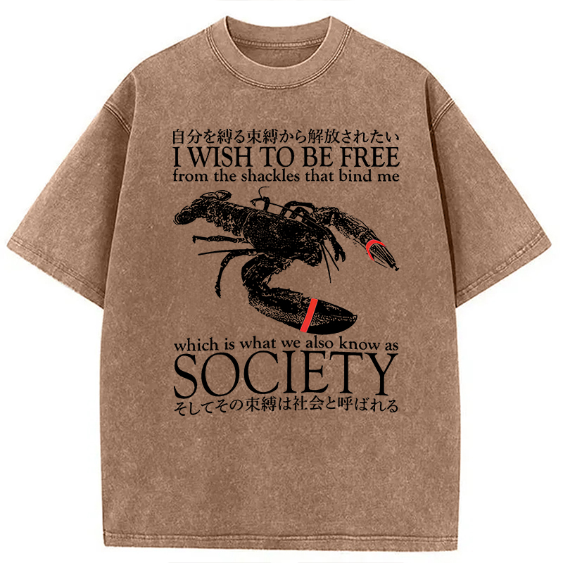Modecanvas I Wish To Be Free Lobster DTG Printing Washed T-Shirt-modecanvas