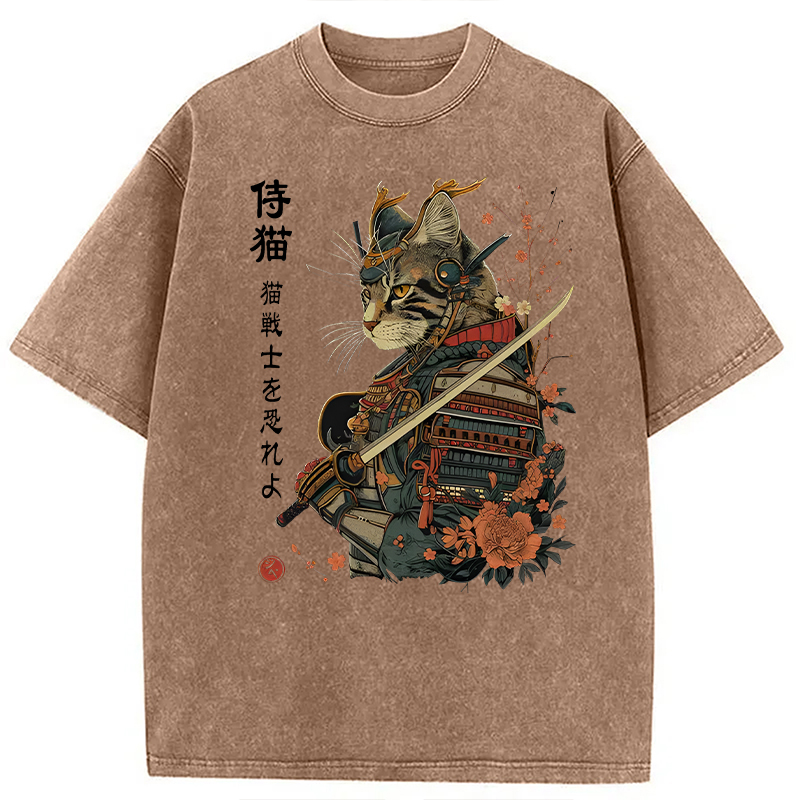Modecanvas Samurai Cat Japanese Art DTG Printing Washed T-Shirt-modecanvas