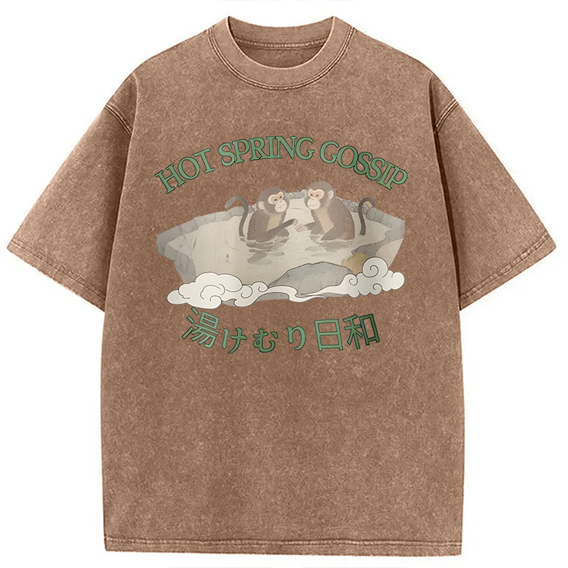 Modecanvas Japanese Monkey Hot Spring DTG Printing Washed T-Shirt-modecanvas