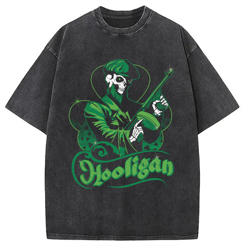 Modecanvas Hooligan Green Skeleton DTG Printing Washed T-Shirt-modecanvas