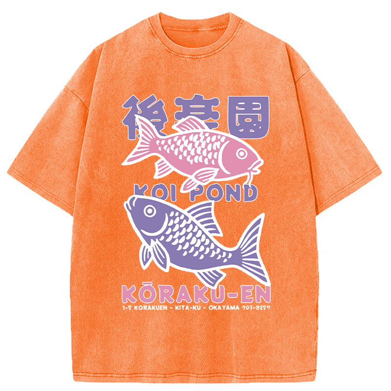 Modecanvas Koi Fish Pond Japanese Washed T-Shirt