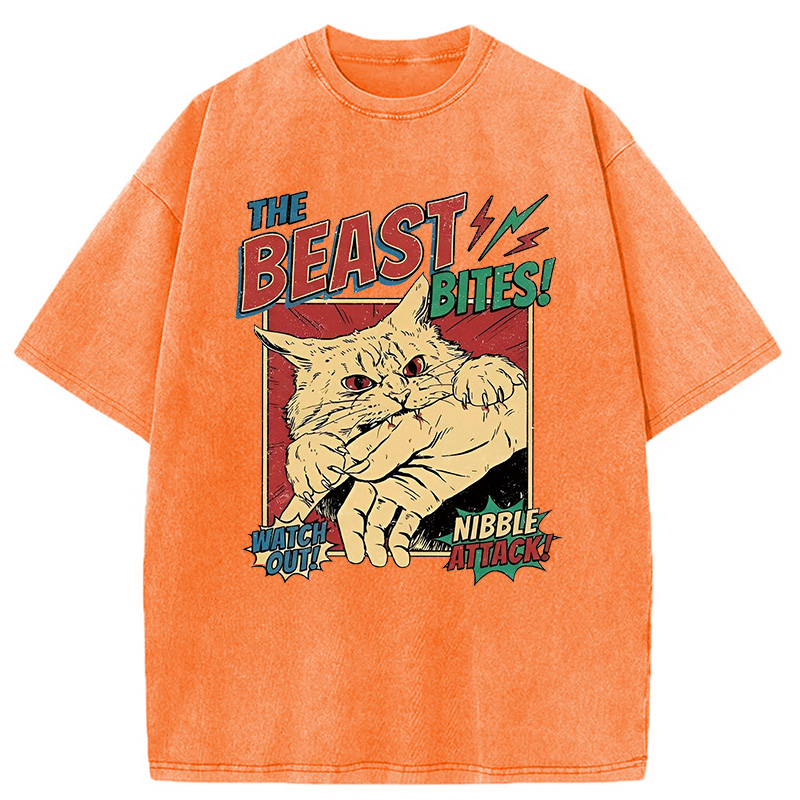 Modecanvas Vintage Horror Cat Bite DTG Printing Washed T-Shirt-modecanvas