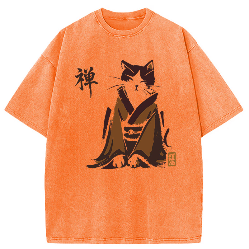 Modecanvas Zen Cat Kimono DTG Printing Washed T-Shirt-modecanvas