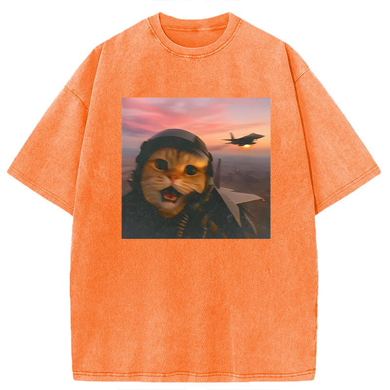 Modecanvas Funny Fighter Pilot Cat DTG Printing Washed T-Shirt