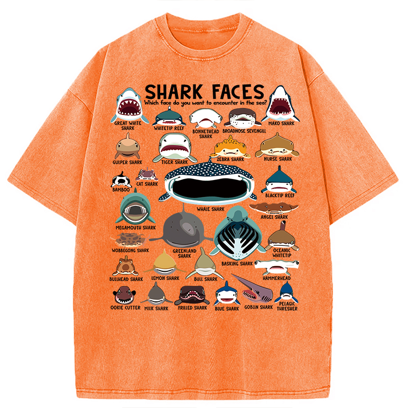 Modecanvas Shark Faces Marine Sea Life DTG Printing Washed T-Shirt