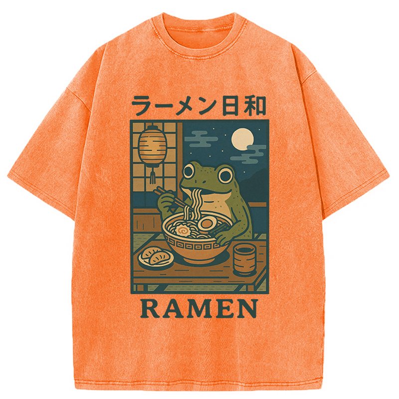 Modecanvas Japanese Frog Eating Ramen Washed T-Shirt-modecanvas