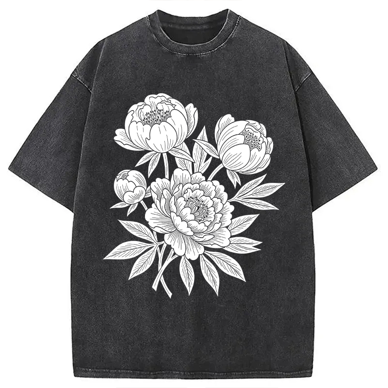 Modecanvas Linocut Floral DTG Printing Washed T-Shirt