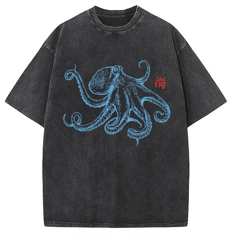 Modecanvas Octopus Retro Japanese DTG Printing Washed T-Shirt