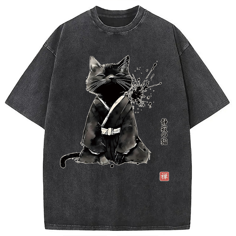 Modecanvas Zen Cat Japanese DTG Printing Washed T-Shirt