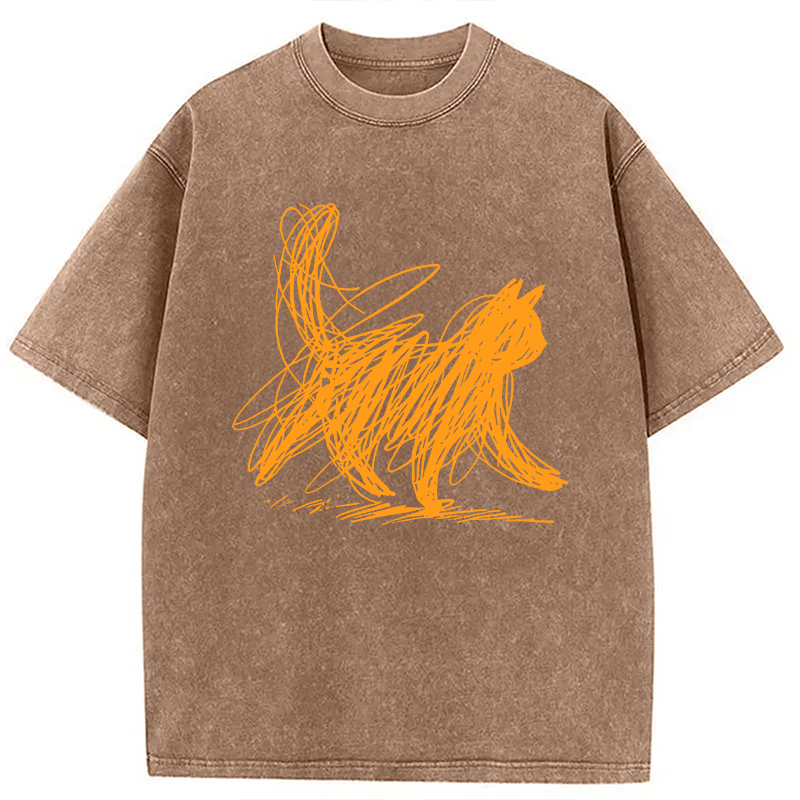 Modecanvas Scribble Cat Minimal Washed T-Shirt-modecanvas