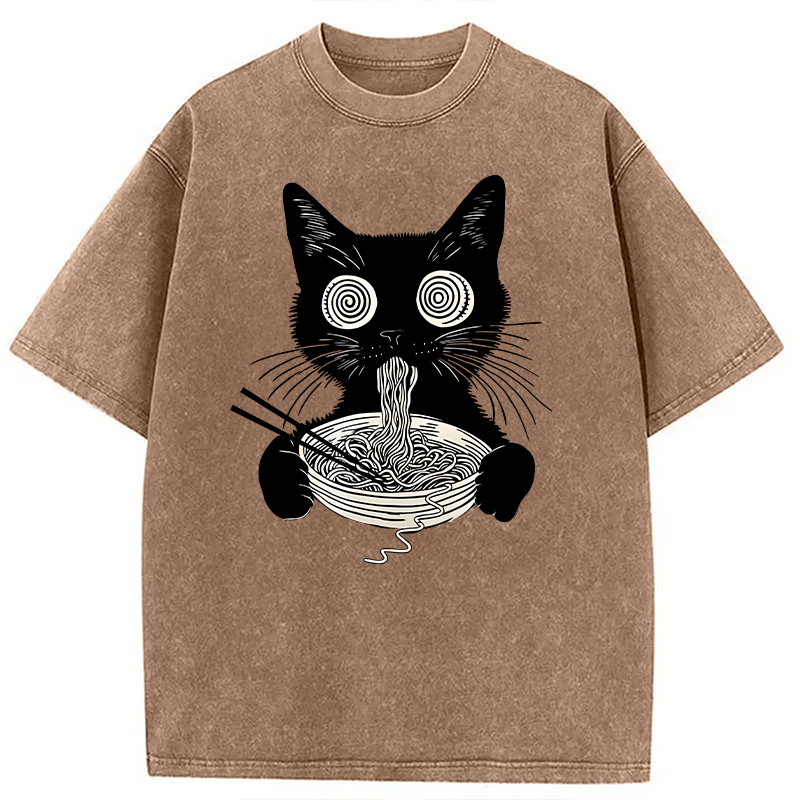 Modecanvas Psychedelic Ramen Cat DTG Printing Washed T-Shirt