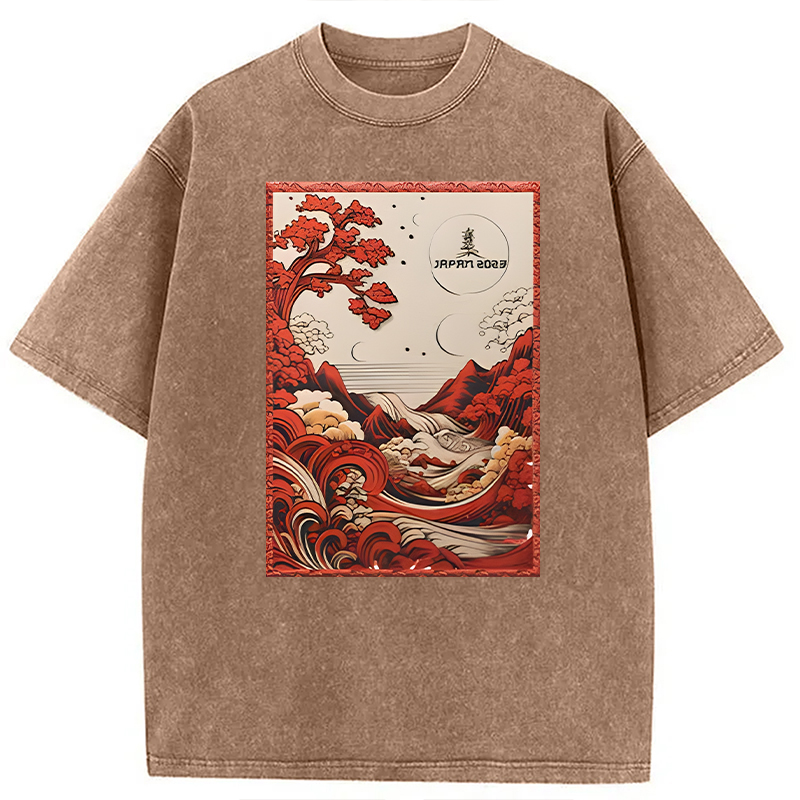Modecanvas Japanese River View DTG Printing Washed T-Shirt