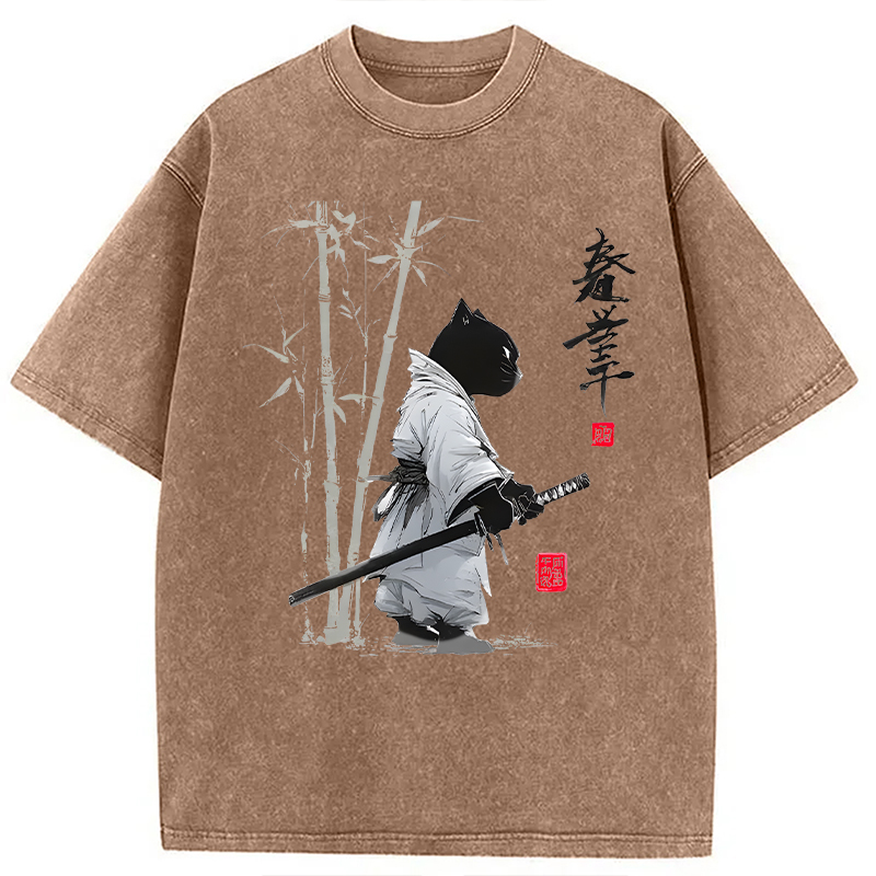 Modecanvas Samurai Cat Japanese Kanji DTG Printing Washed T-Shirt