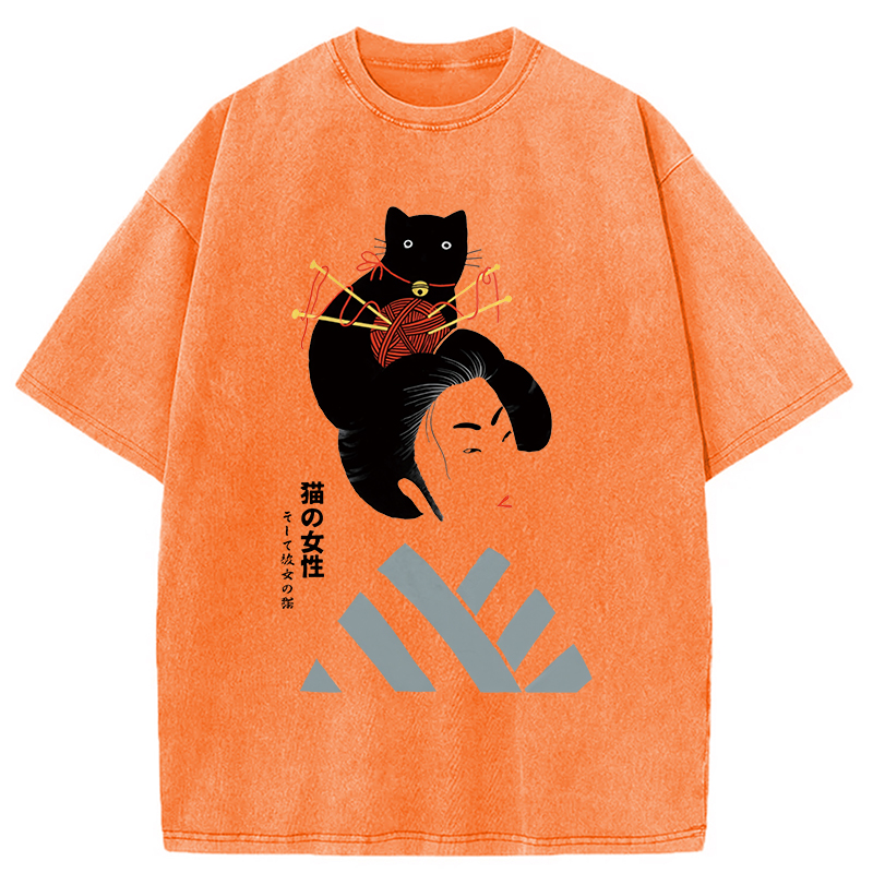Modecanvas Geisha And Cat Washed T-Shirt