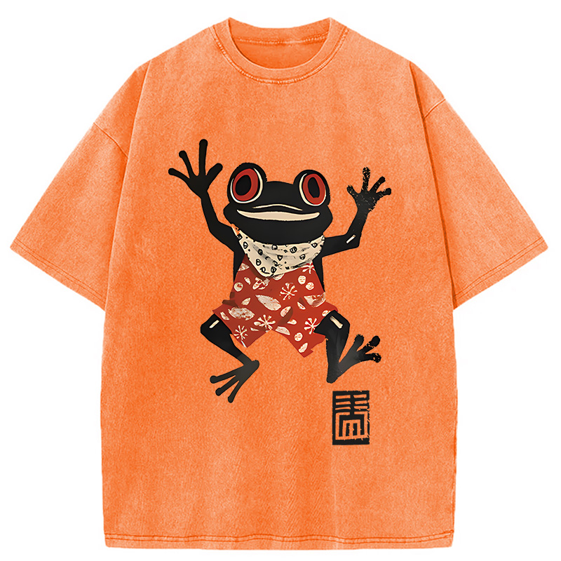 Modecanvas Japanese Happy Frog Ukiyoe DTG Printing Washed T-Shirt