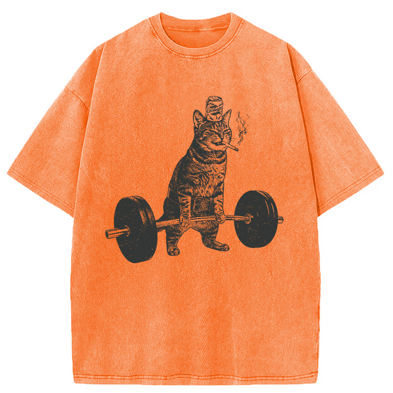 Modecanvas Funny Deadlift Cat Washed T-Shirt-modecanvas