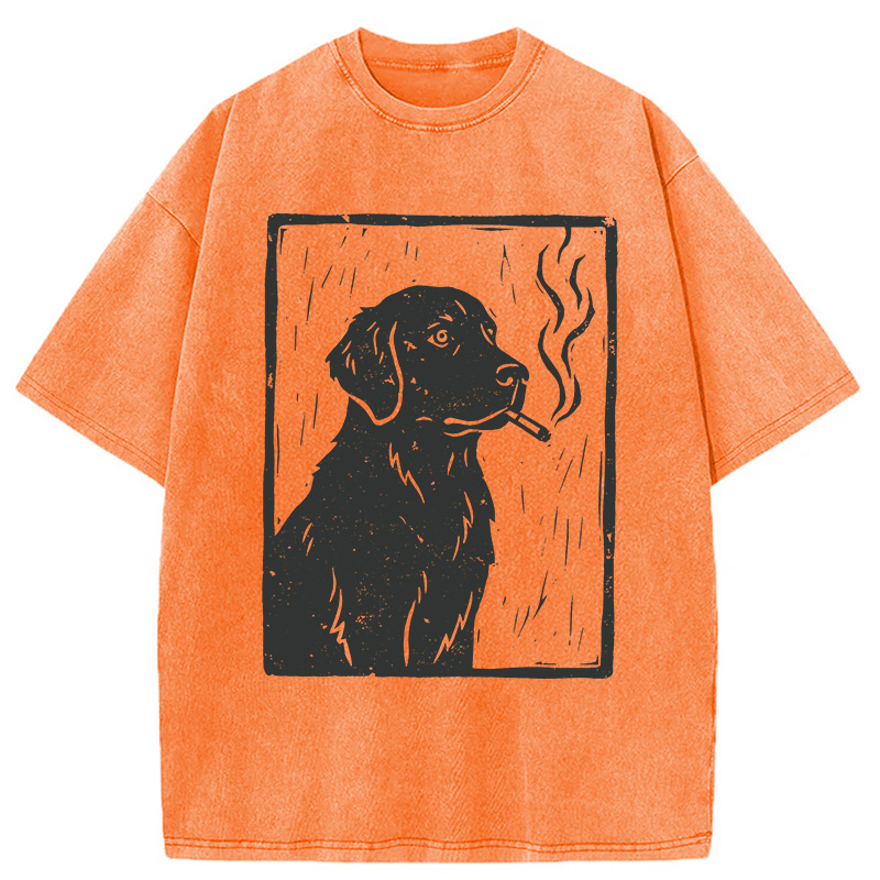Modecanvas Smoking Labrador Linocut DTG Printing Washed T-Shirt