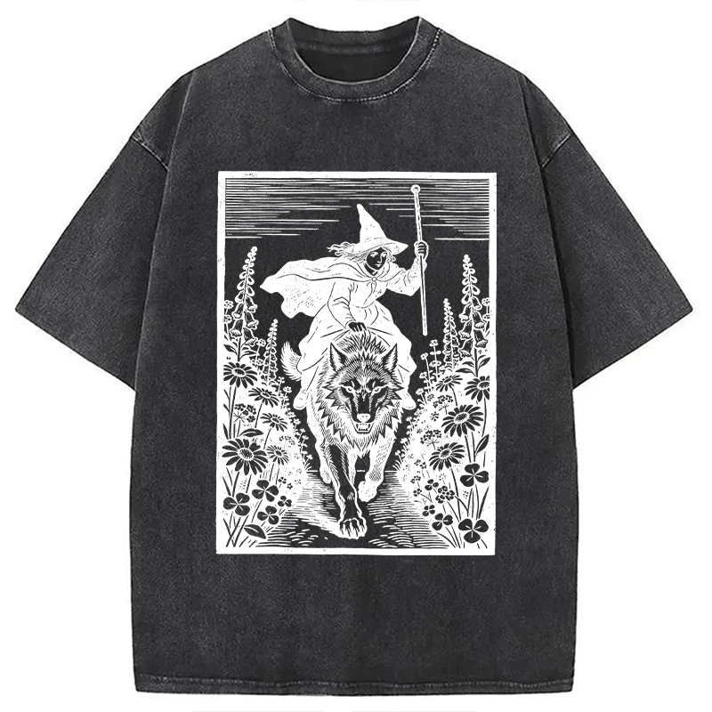 Modecanvas Witch Riding Wolf DTG Printing Washed T-Shirt