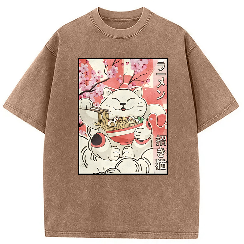 Modecanvas Japanese Noodles Maneki Neko Cat Ramen Meme DTG Printing Washed T-Shirt