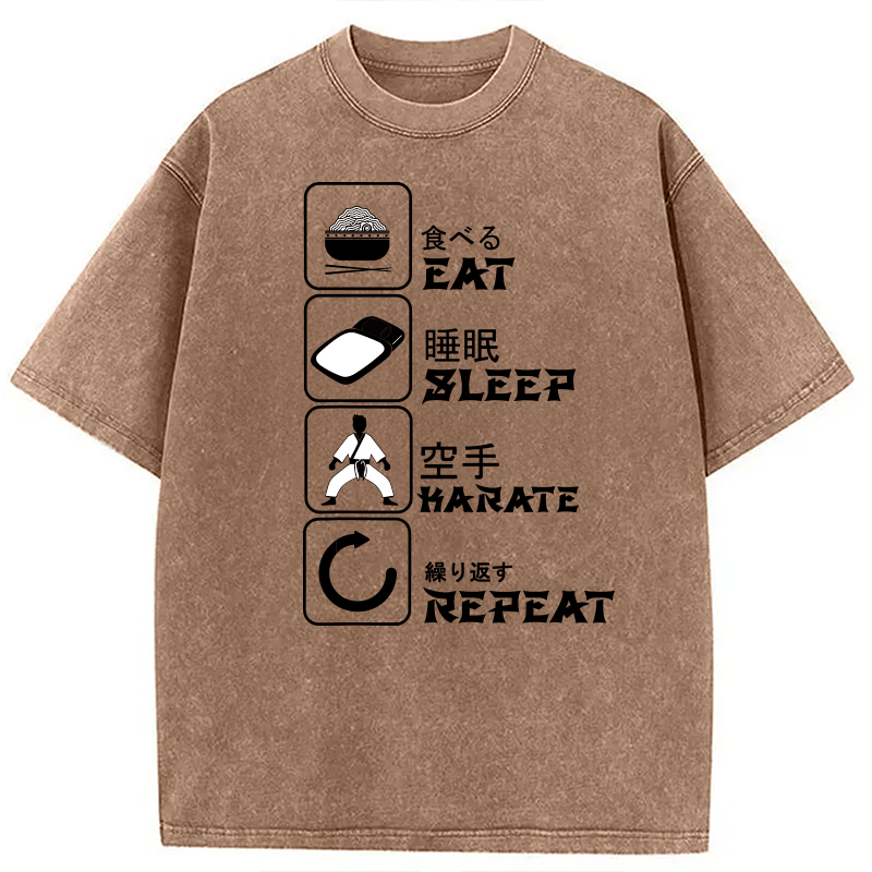 Modecanvas Eat Sleep Karate Repeat Meme DTG Printing Washed T-Shirt