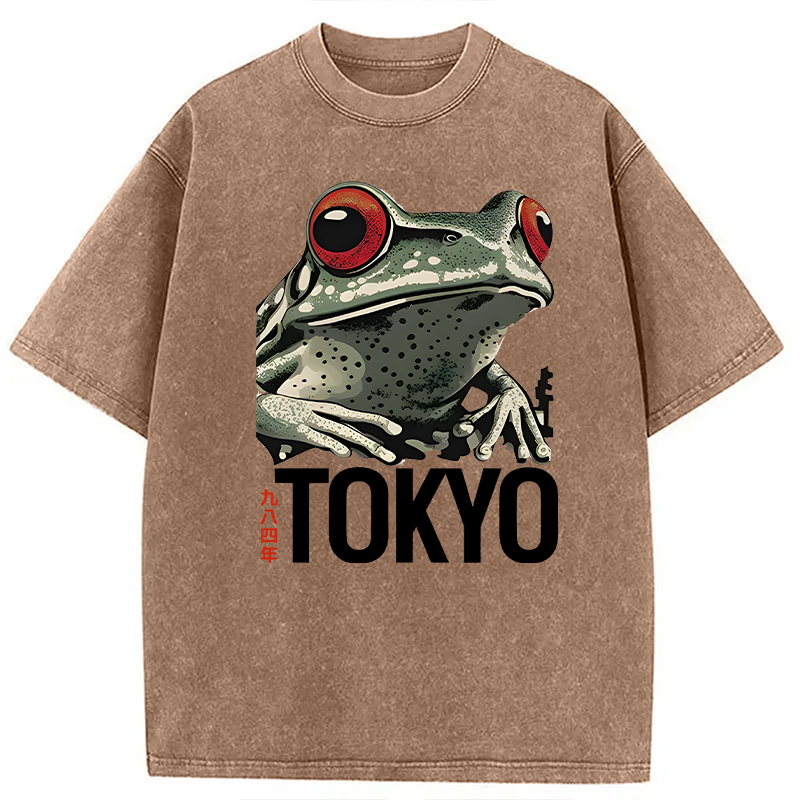 Modecanvas Retro Tokyo Frog DTG Printing Washed T-Shirt