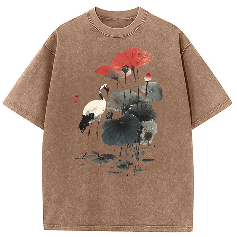 Modecanvas White Crane Among Lotus DTG Printing Washed T-Shirt