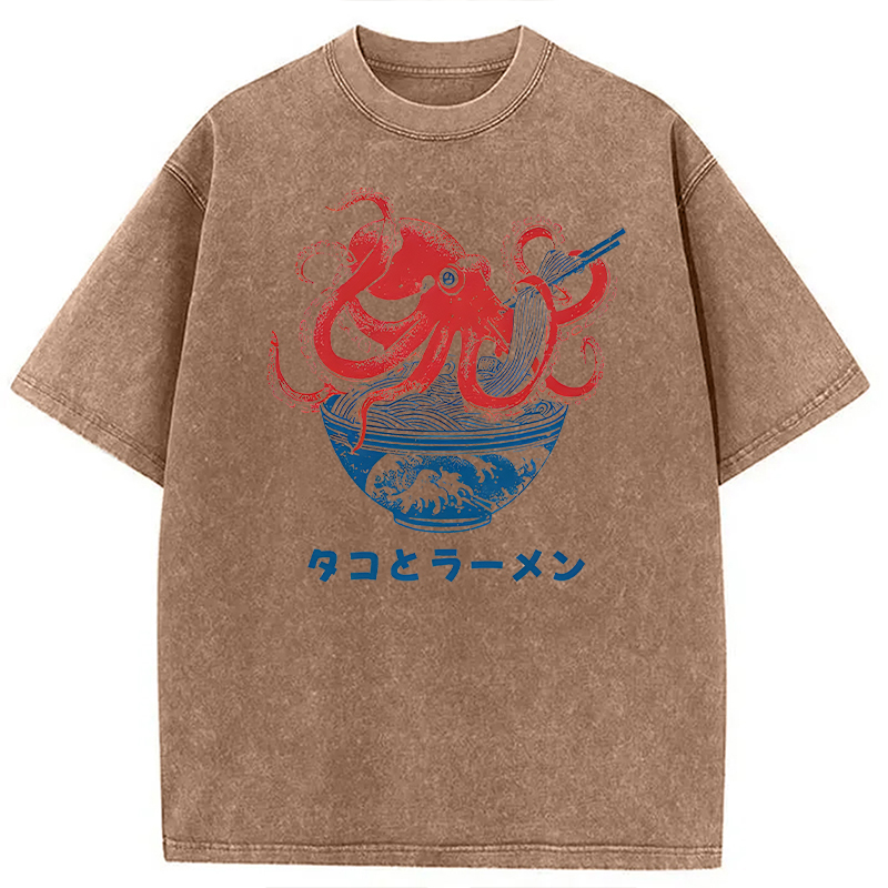 Modecanvas Octopus Eating Ramen DTG Printing Washed T-Shirt