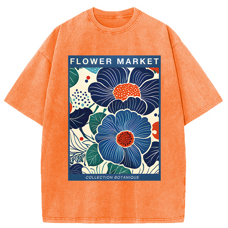 Modecanvas Blue Flowers Botanical Art DTG Printing Washed T-Shirt