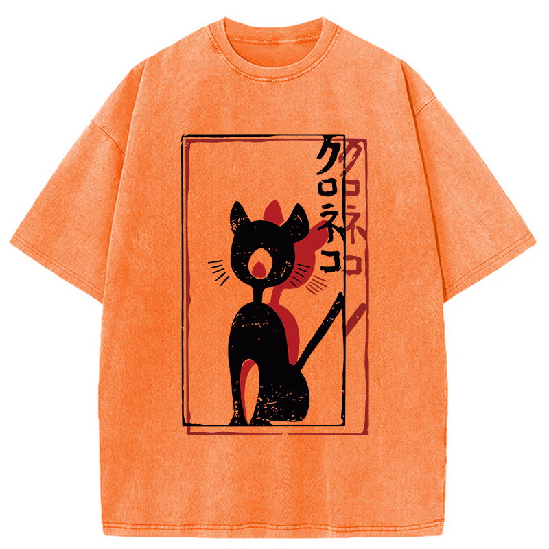 Modecanvas Japanese Retro Black Cat Poster DTG Printing Washed T-Shirt