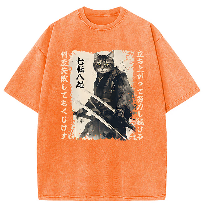 Modecanvas Samurai Japanese Cat DTG Printing Washed T-Shirt