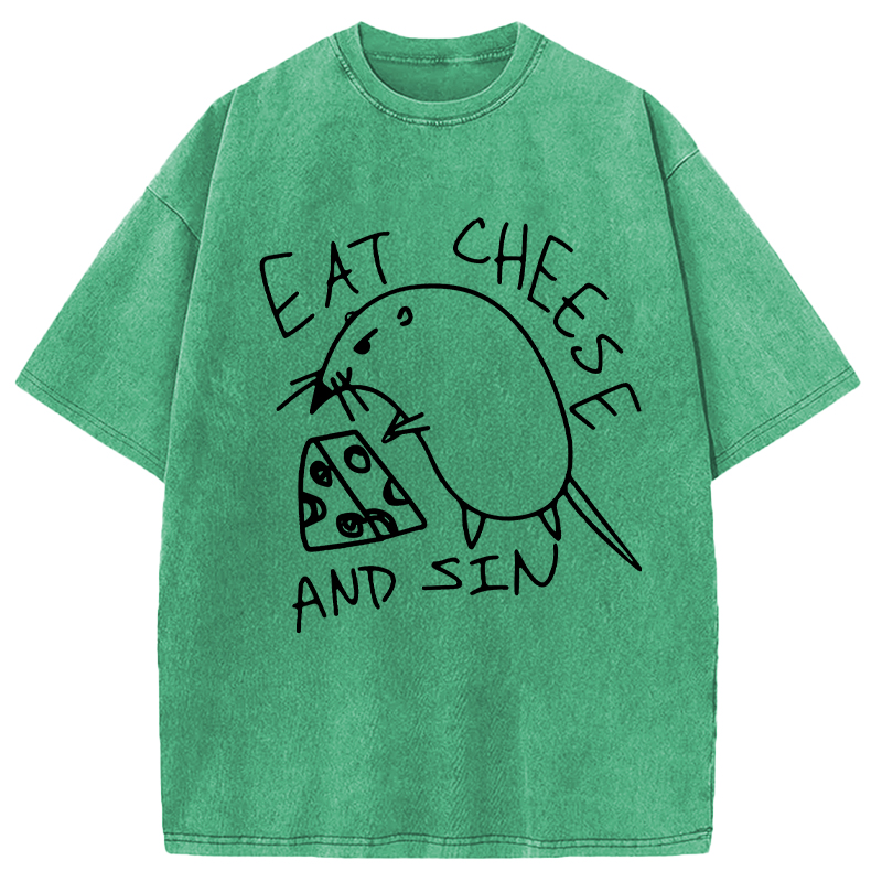 Modecanvas Eat Cheese And Sin Meme Washed T-Shirt-modecanvas