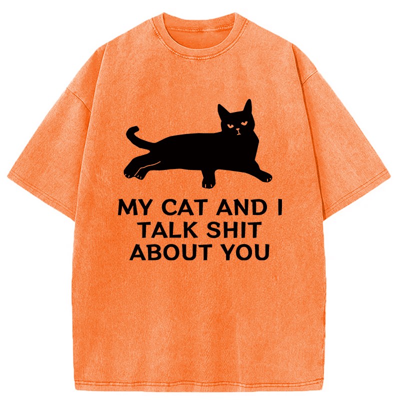 Modecanvas Gossiping Black Cat Washed T-Shirt-modecanvas