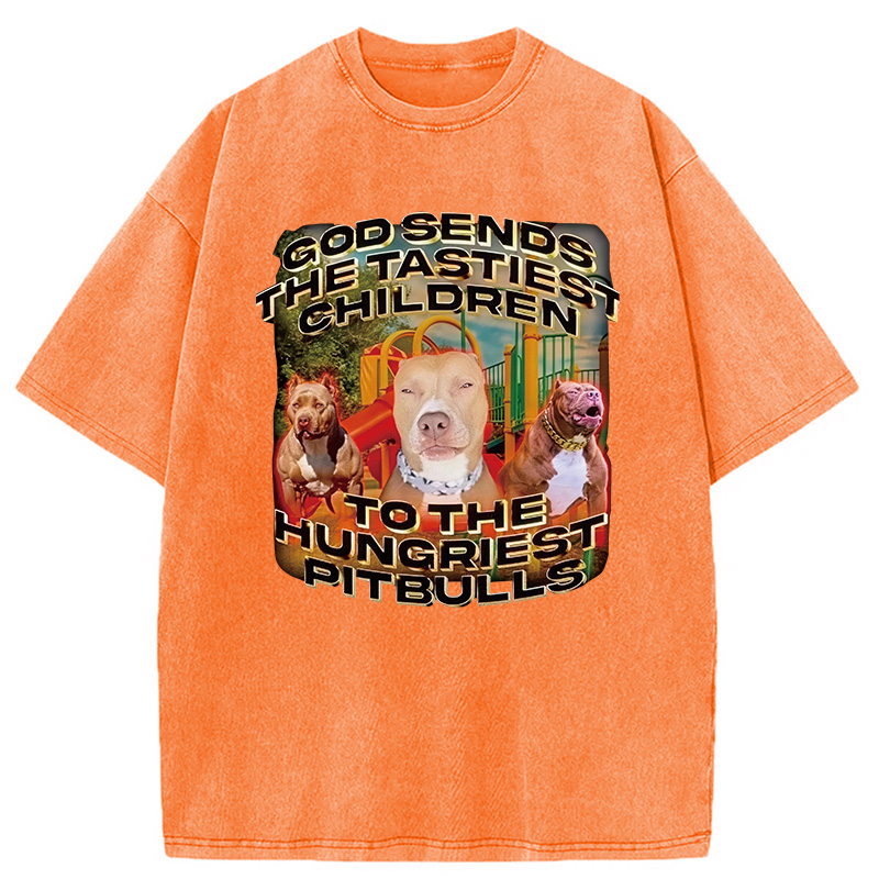 Modecanvas God Sends The Tastiest Children To The Hungriest Pitbulls DTG Printing Washed T-Shirt