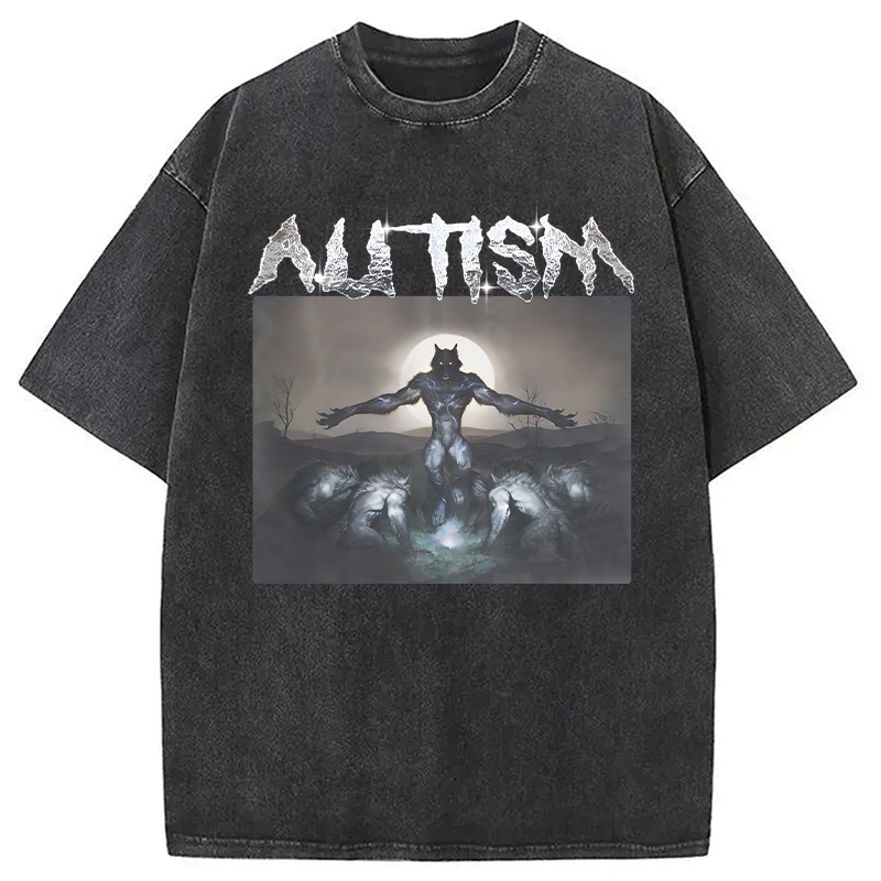 Modecanvas Funny Autism Wolf DTG Printing Washed T-Shirt