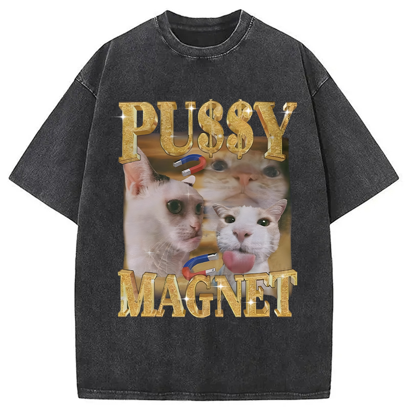 Modecanvas Ironic PUSSY MAGNET Cat Meme DTG Printing Washed T-Shirt