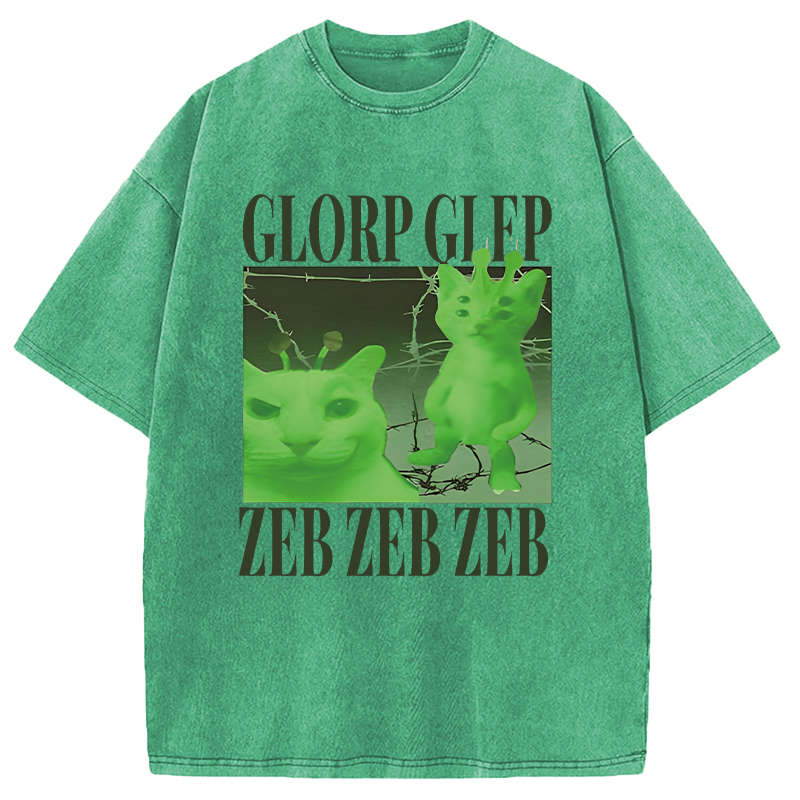 Modecanvas Green Alien Cat Meme DTG Printing Washed T-Shirt