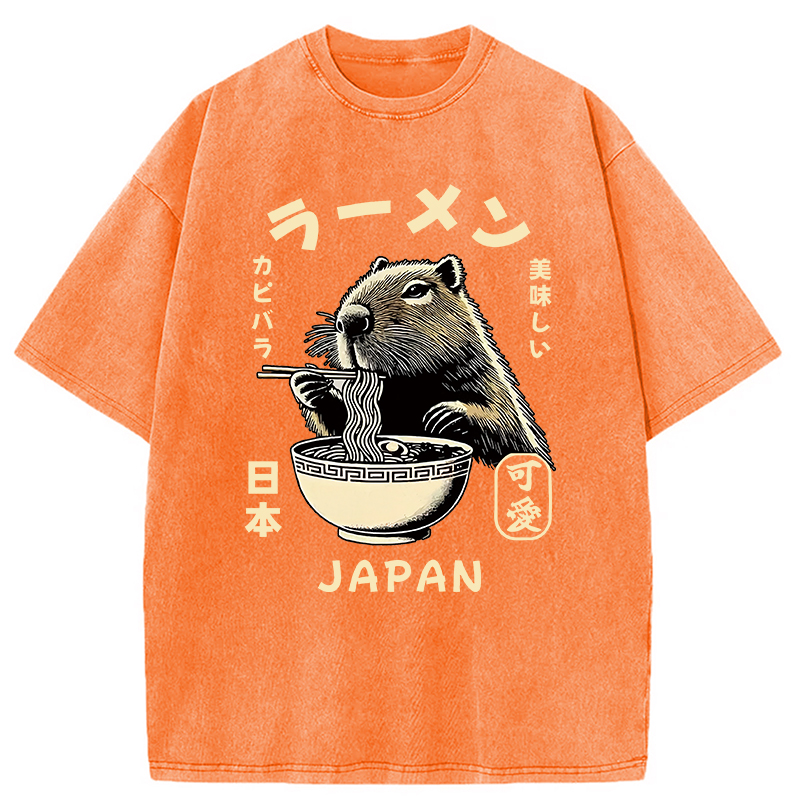 Modecanvas Retro Capybara Eating Ramen Japanese Washed T-Shirt